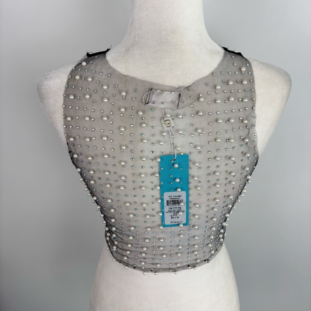 Beach Bunny Glitzy Girl Mesh Pearl Top & Skirt Set in Black Size S - Picture 4 of 15